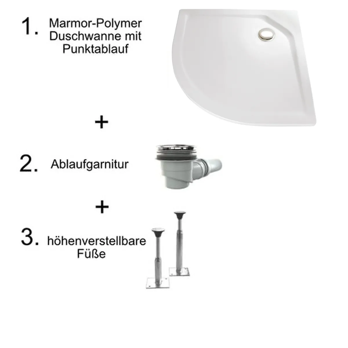 HSK viertelkreis Marmor-Polymer-Duschwanne „superflach“ mit Punktablauf 90 × 90 cm ohne, in Weiß