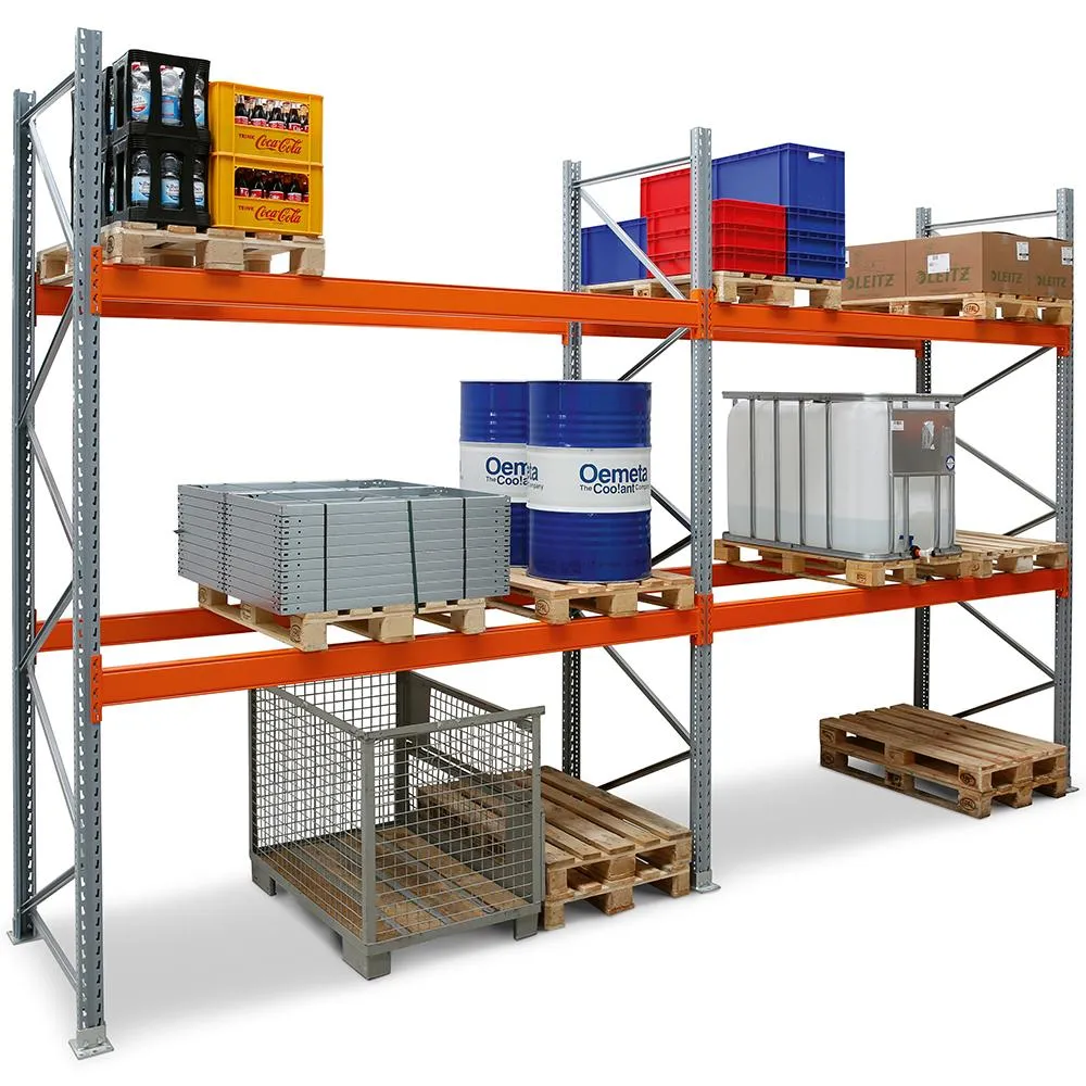 Palettenregal TAURUS | Anbauregal | Extra-Tall | HxBxT 450x360x110cm | Fachlast 4000kg | 4 Ebenen | Silbergrau/Reinorange