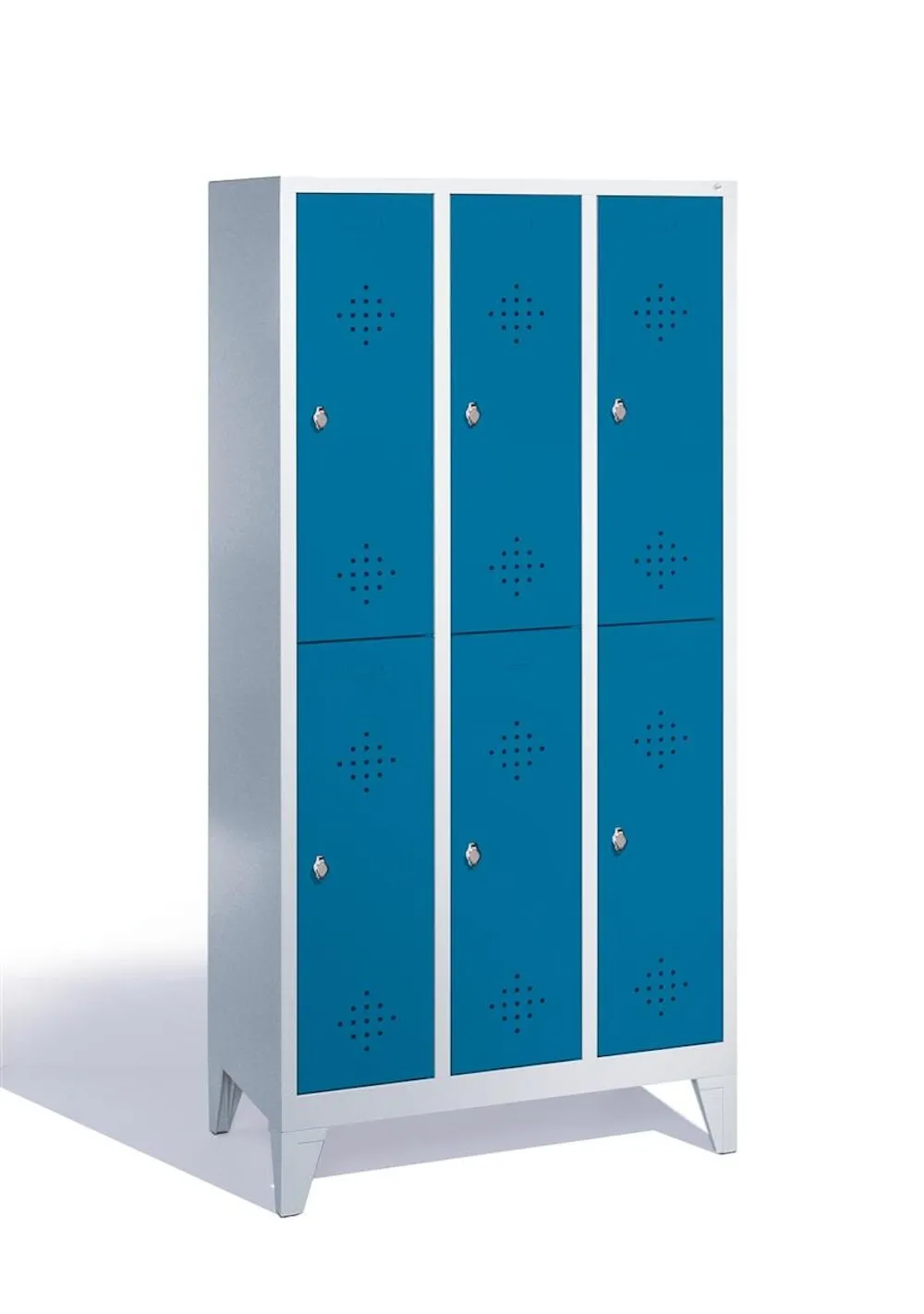 C+P Spind doppelstöckig Classic mit Füßen | 6 Abteile | HxBxT 185x30x50cm | Lichtgrau/Lichtblau