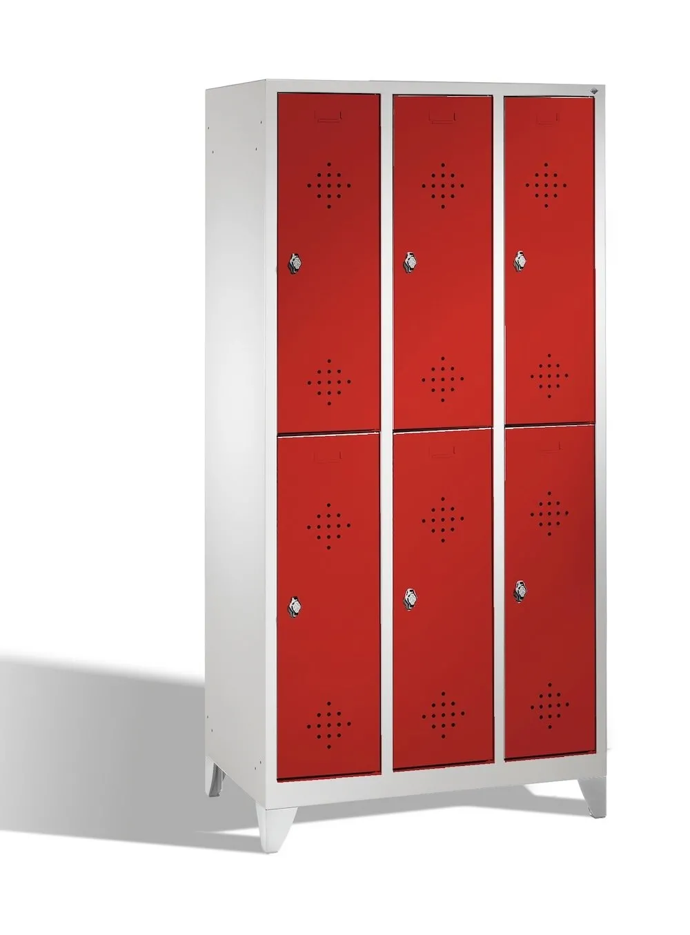 C+P Spind doppelstöckig Classic mit Füßen | 6 Abteile | HxBxT 185x30x50cm | Lichtgrau/Rubinrot