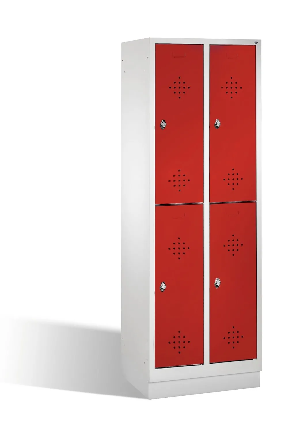 C+P Spind doppelstöckig Classic mit Sockel | 4 Abteile | HxBxT 180x30x50cm | Lichtgrau/Rubinrot