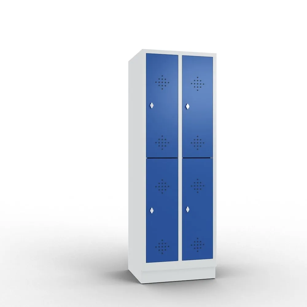 C+P Spind doppelstöckig Classic mit Sockel | 4 Abteile | HxBxT 180x30x50cm | Lichtgrau/Enzianblau