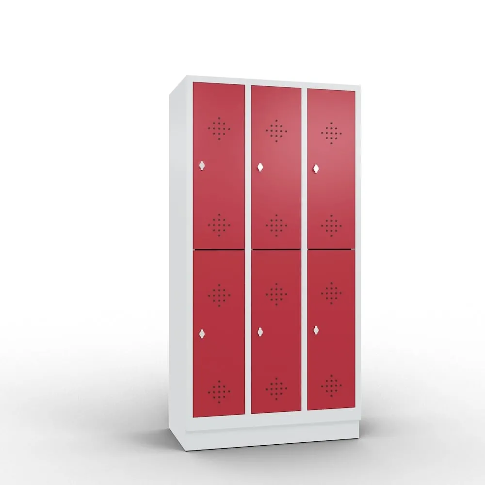 C+P Spind doppelstöckig Classic mit Sockel | 6 Abteile | HxBxT 180x30x50cm | Lichtgrau/Rubinrot