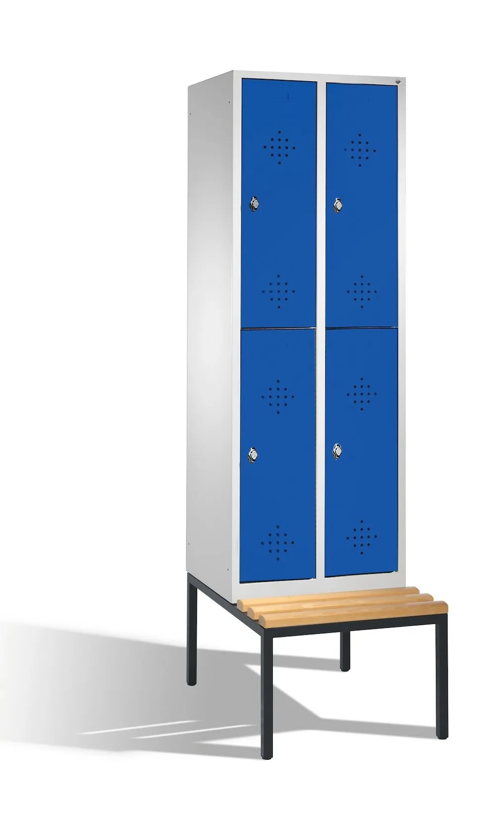 C+P Spind doppelstöckig Classic mit Sitzbank | 4 Abteile | HxBxT 209x30x81,5cm | Lichtgrau/Enzianblau