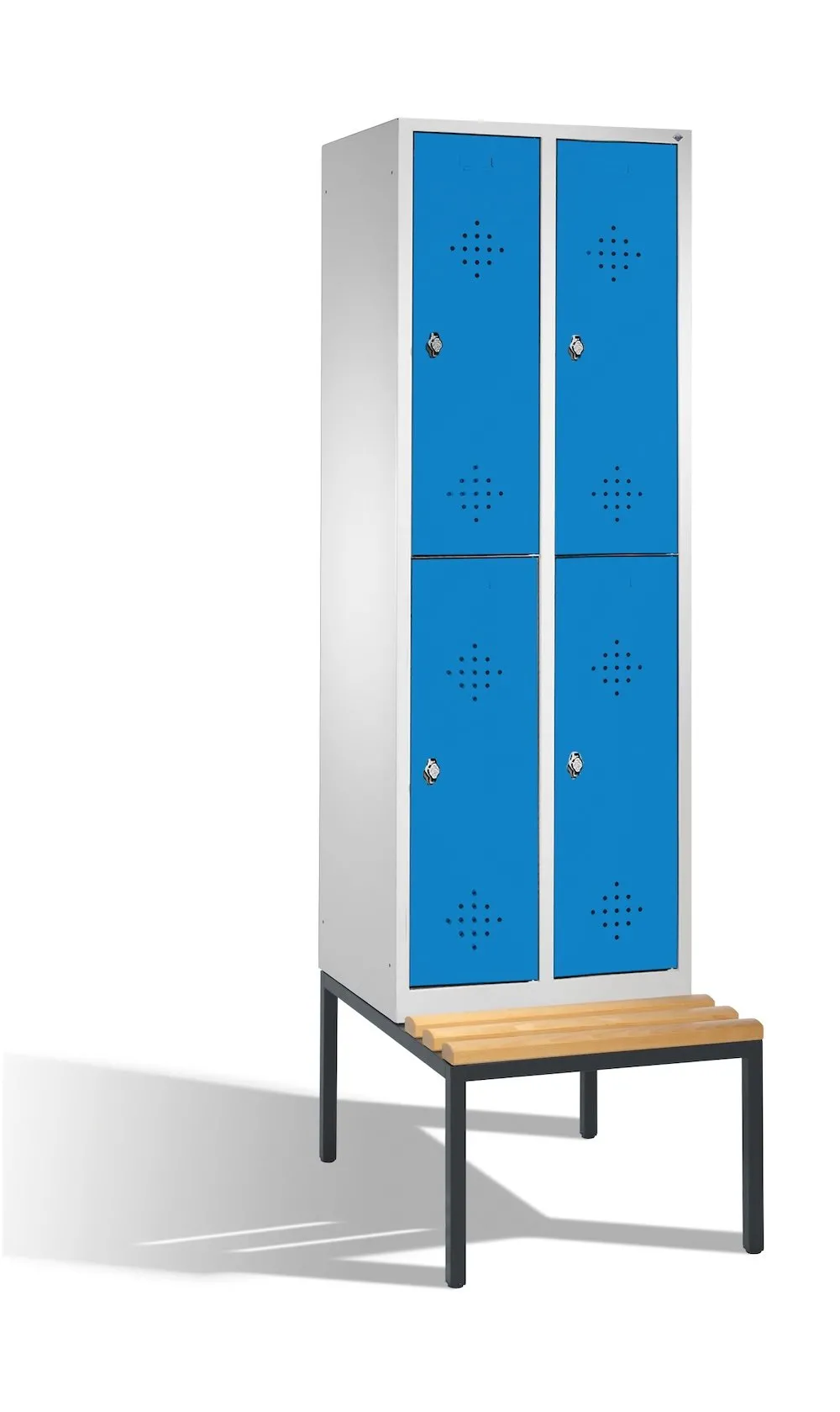 C+P Spind doppelstöckig Classic mit Sitzbank | 4 Abteile | HxBxT 209x30x81,5cm | Lichtgrau/Lichtblau