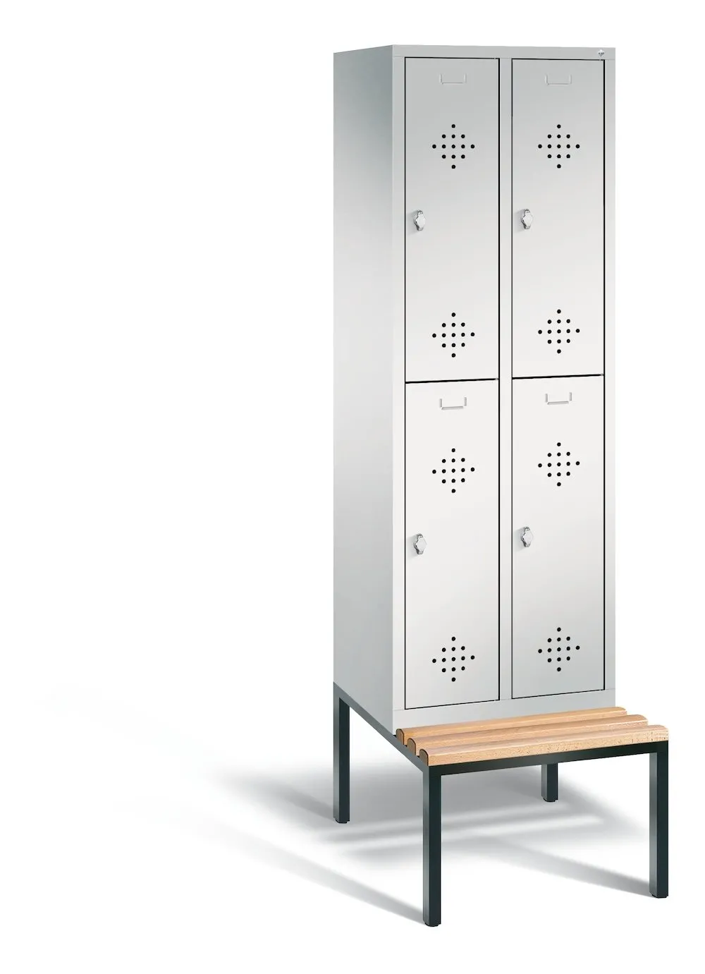 C+P Spind doppelstöckig Classic mit Sitzbank | 4 Abteile | HxBxT 209x30x81,5cm | Lichtgrau