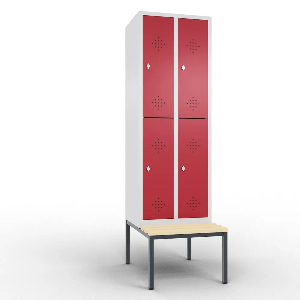 C+P Spind doppelstöckig Classic mit Sitzbank | 4 Abteile | HxBxT 209x30x81,5cm | Lichtgrau/Rubinrot