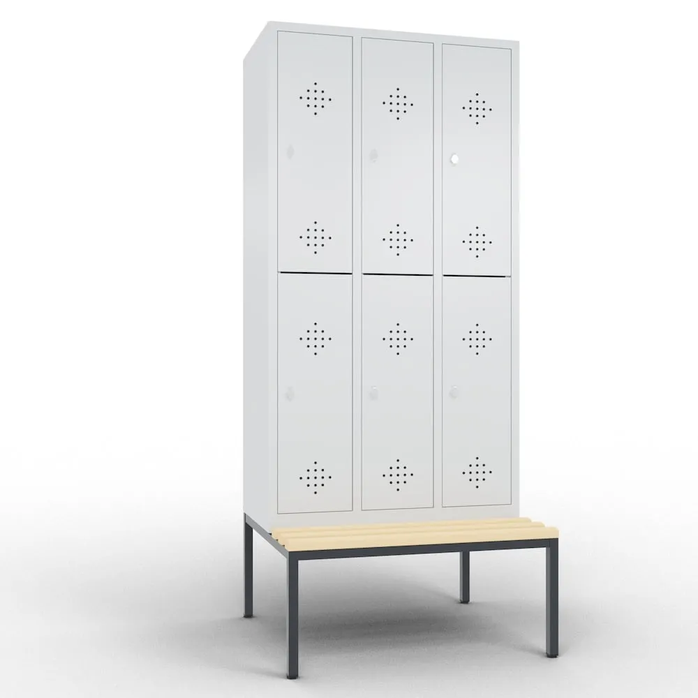 C+P Spind doppelstöckig Classic mit Sitzbank | 6 Abteile | HxBxT 209x30x81,5cm | Lichtgrau