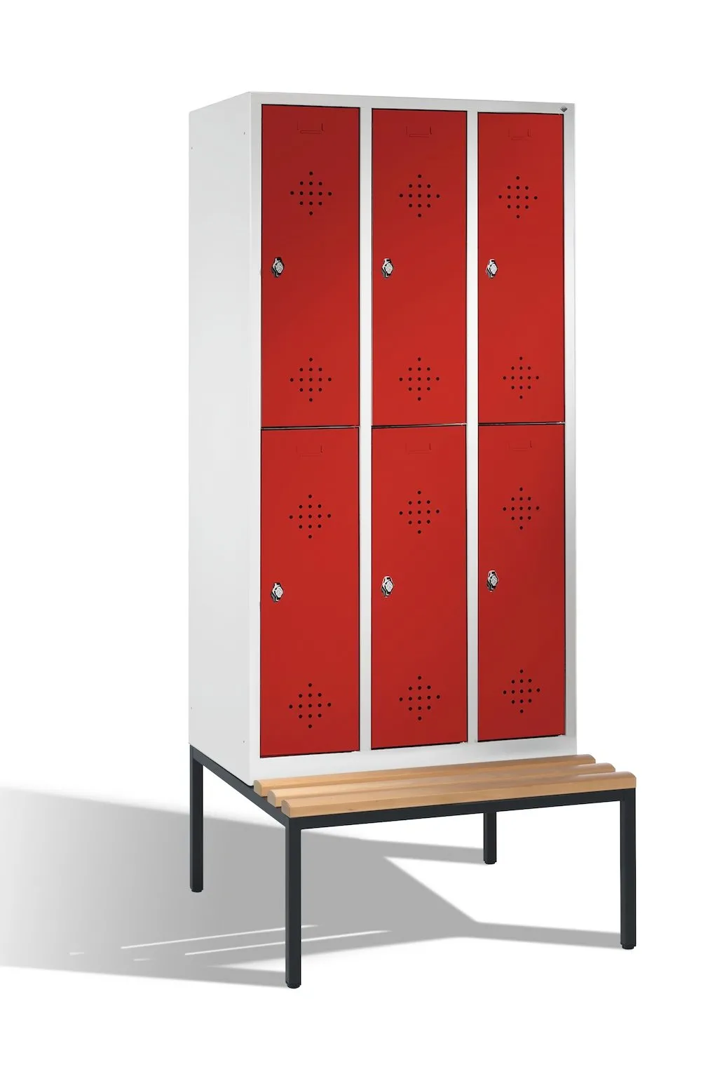 C+P Spind doppelstöckig Classic mit Sitzbank | 6 Abteile | HxBxT 209x30x81,5cm | Lichtgrau/Rubinrot
