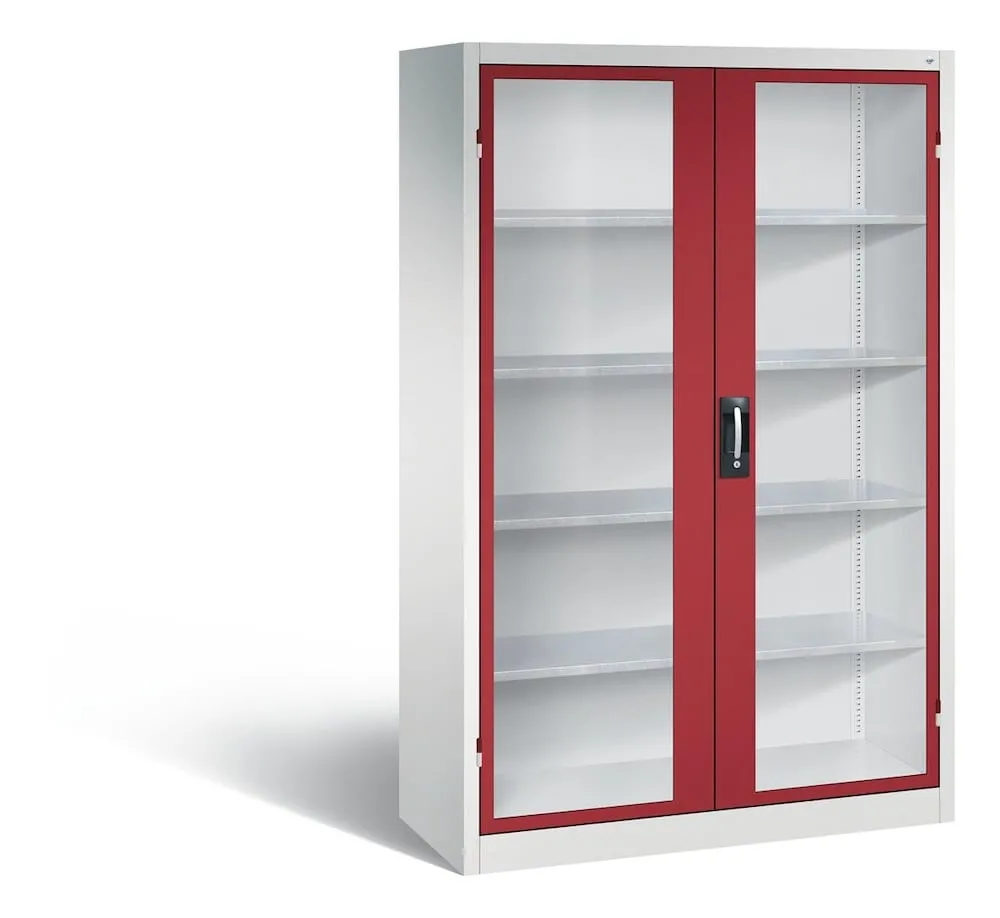 C+P Werkstattschrank mit Fenster | HxBxT 195x120x50cm | Lichtgrau/Rubinrot