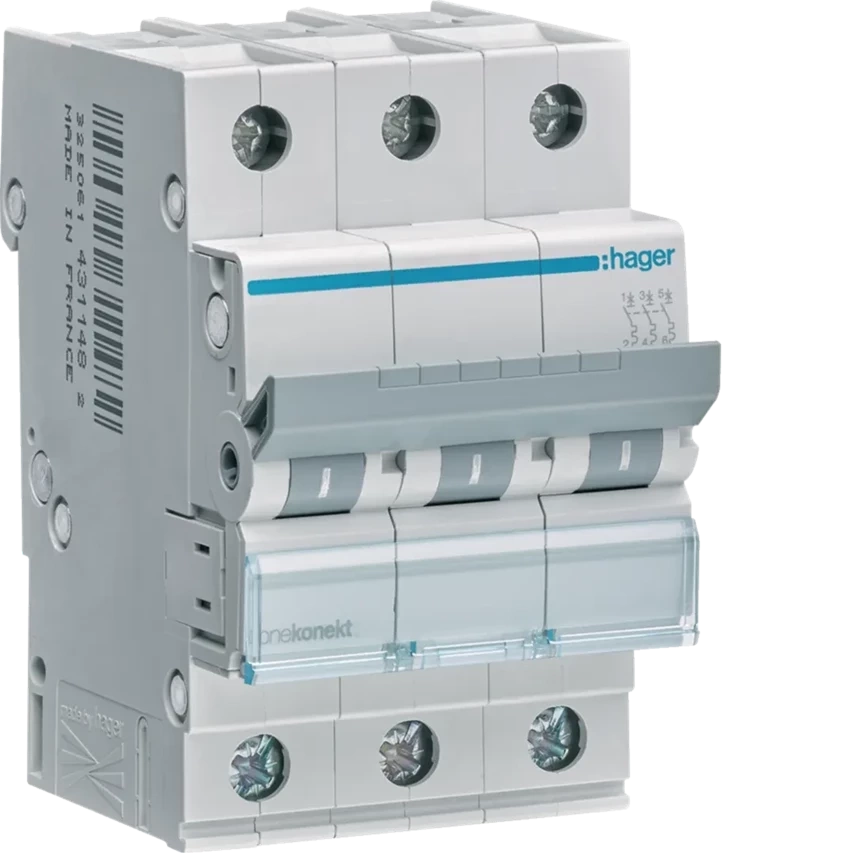 3-poliger Überstromschutzschalter 6kA Charakteristik C 20A 3 Module MCN320 Hager