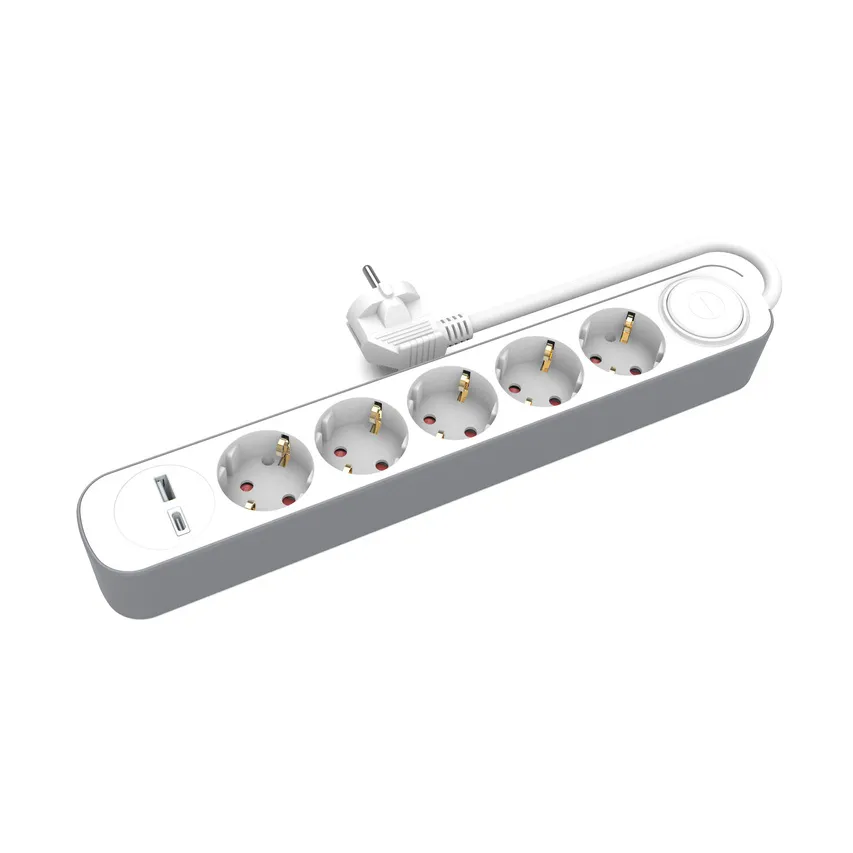 Festes Verlängerungskabel mit 3-fach Stecker und Schalter und Buchsen USB A, USB C, 1,5m, SCHUKO PS-370SWS+USBA+USBC/1,5 E