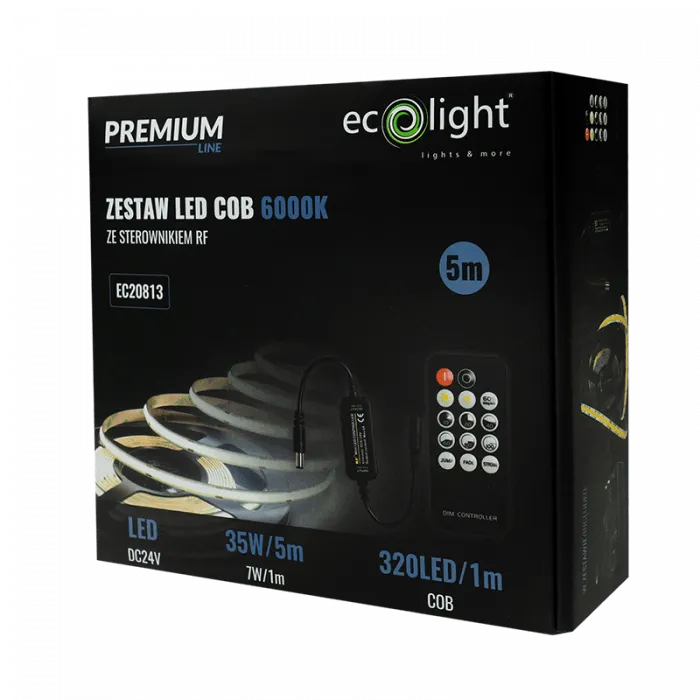 LED 320 COB 24V 7W/m 6000K 5m Bandsatz + RF Controller + Netzteil IP20 Eco Light