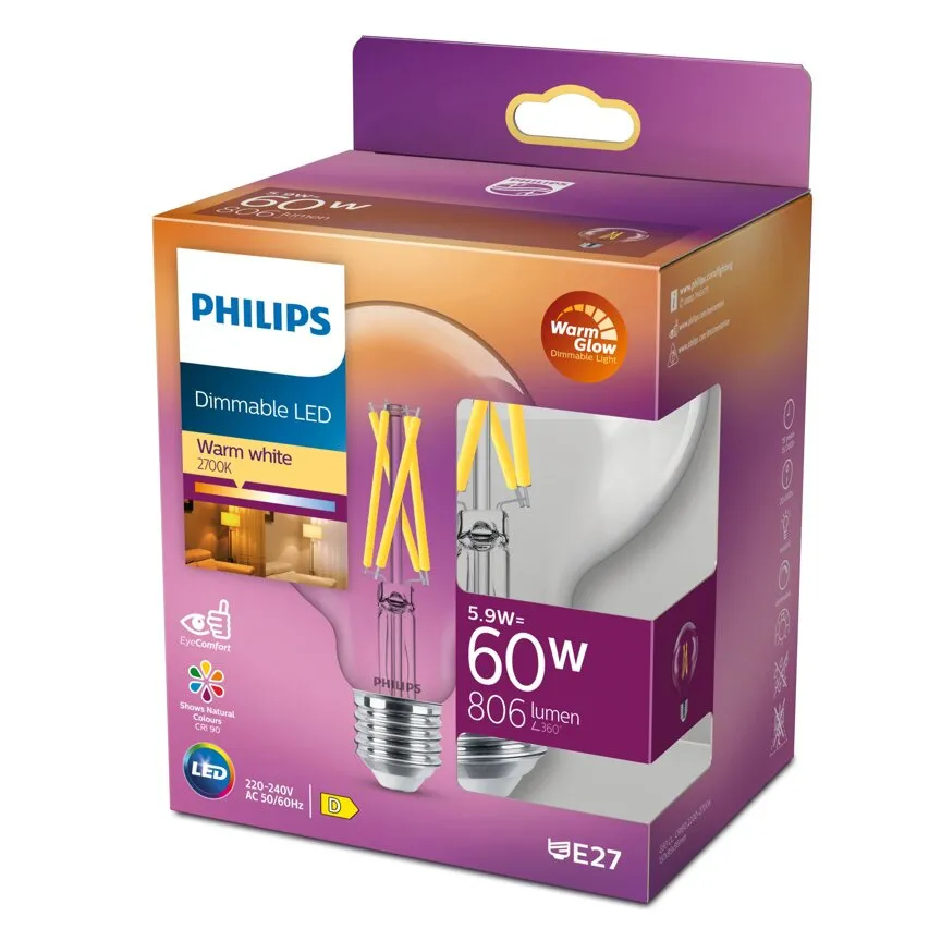 LED-Lampe E27 5.9W =60W 2200-2700K warm 806lm WarmGlow Glas G93 Philips