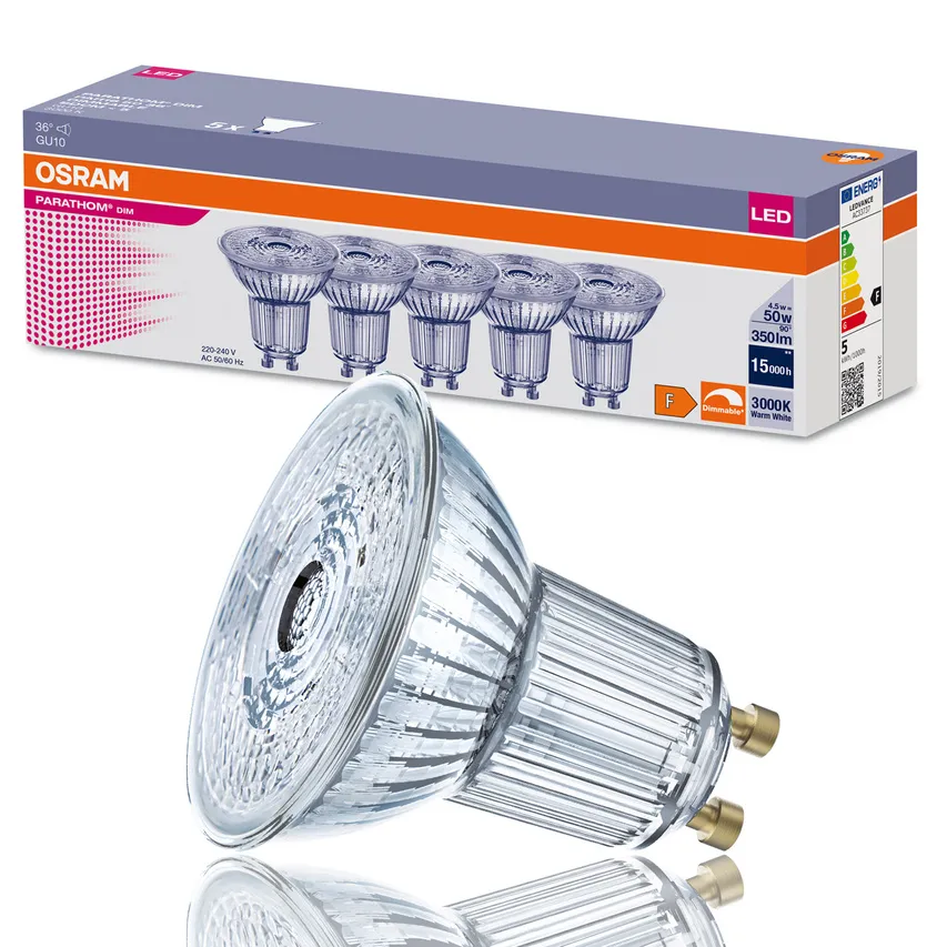 Set 5x LED Birne GU10 4,5W =50W 3000K warm 350lm 36st Osram