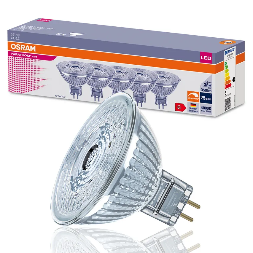 Set 5x LED-Glühbirnen GU5.3 MR16 4,9W =35W 4000K neutral 350lm 36st 12V Osram