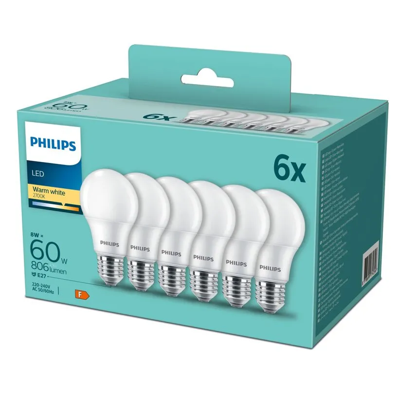 Set 6x LED-Lampe E27 8W =60W 2700K warm 806lm A60 Philips