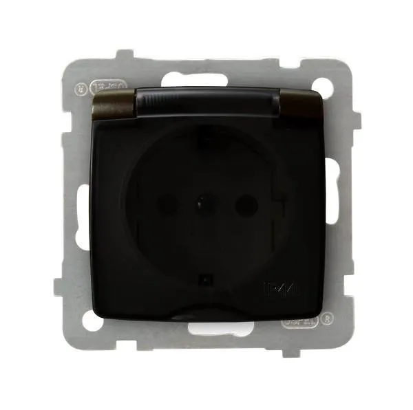 Spritzwassergeschützte Steckdose Schuko IP-44 Klappe Schokoladen GPH-1SS/m/40/d