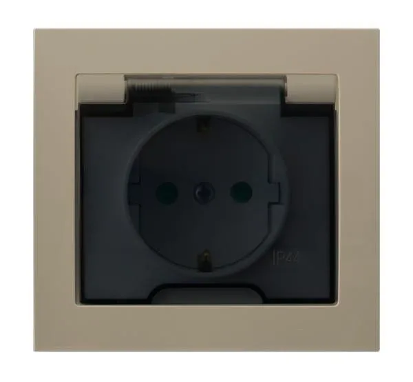 Spritzwassergeschützte Steckdose Schuko IP-44 mit Kinderschutz Klappe beige GPH-1WSP/01/d
