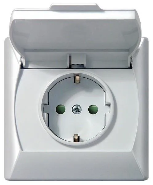 Spritzwassergeschützte Steckdose Schuko IP-44 mit Kinderschutz Klappe weiss GPH-1ASP/00/d