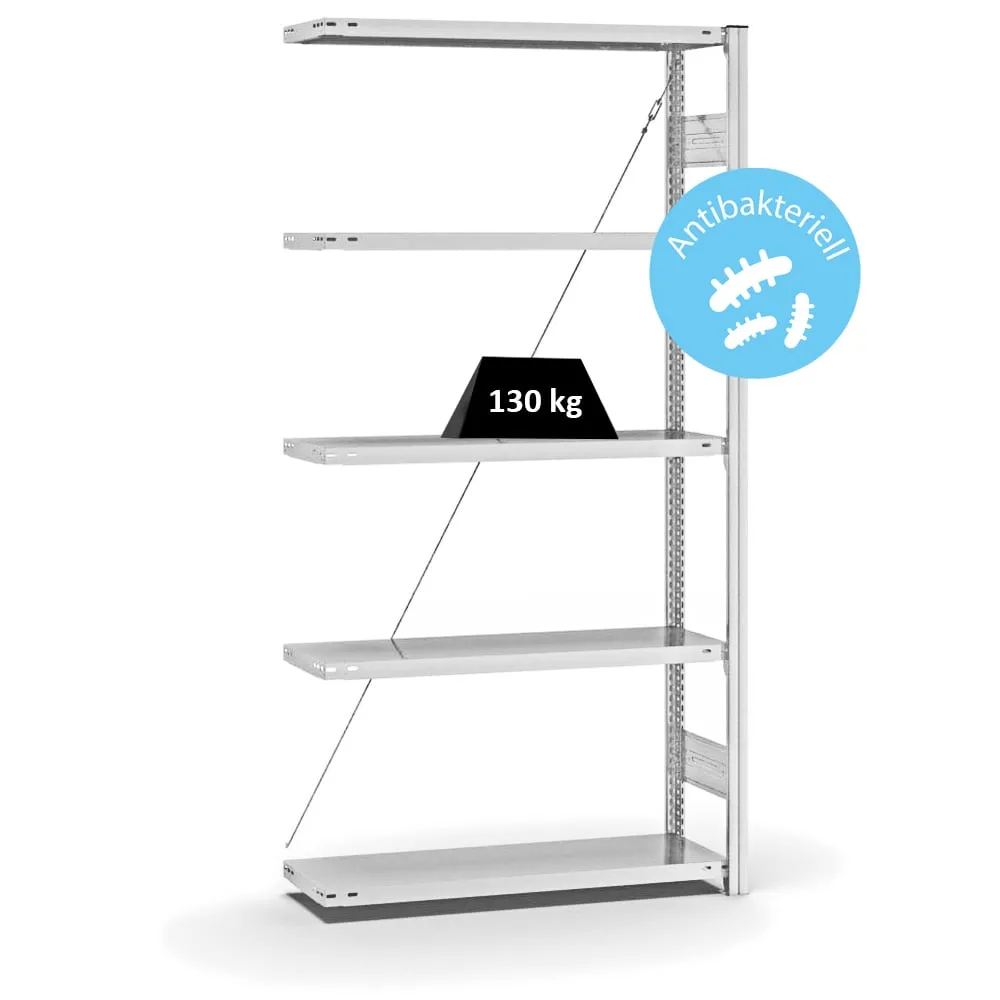 Antibakterielles Fachbodenregal Stecksystem T-Profil | Anbauregal | HxBxT 200x100x30cm | 5 Ebenen | Traglast 150kg | Antibakterielle Beschichtung | Weiß