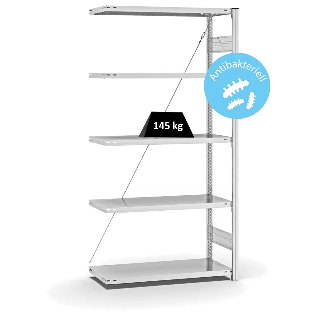 Antibakterielles Fachbodenregal Stecksystem T-Profil | Anbauregal | HxBxT 200x100x40cm | 5 Ebenen | Traglast 145kg | Antibakterielle Beschichtung | Weiß