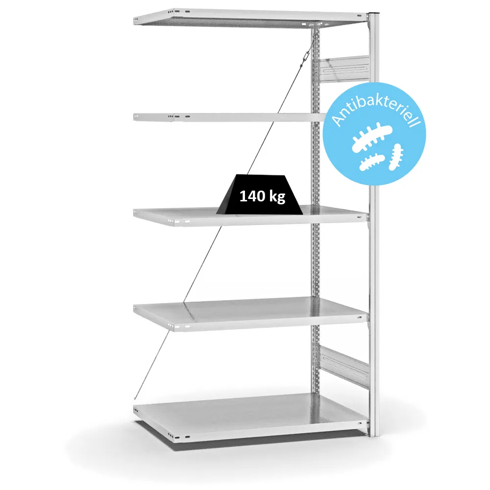Antibakterielles Fachbodenregal Stecksystem T-Profil | Anbauregal | HxBxT 200x100x60cm | 5 Ebenen | Traglast 140kg | Antibakterielle Beschichtung | Weiß