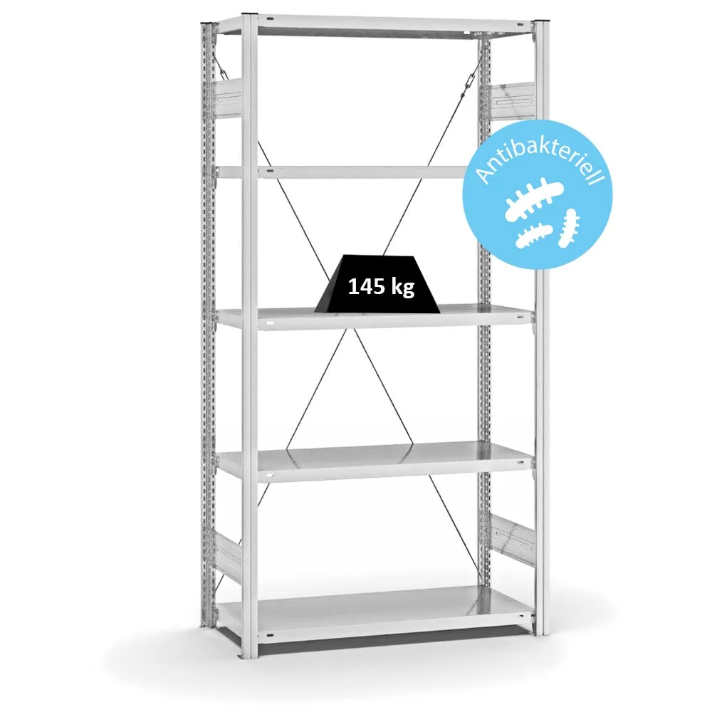 Antibakterielles Fachbodenregal Stecksystem T-Profil | Grundregal | HxBxT 200x100x40cm | 5 Ebenen | Traglast 145kg | Antibakterielle Beschichtung | Weiß