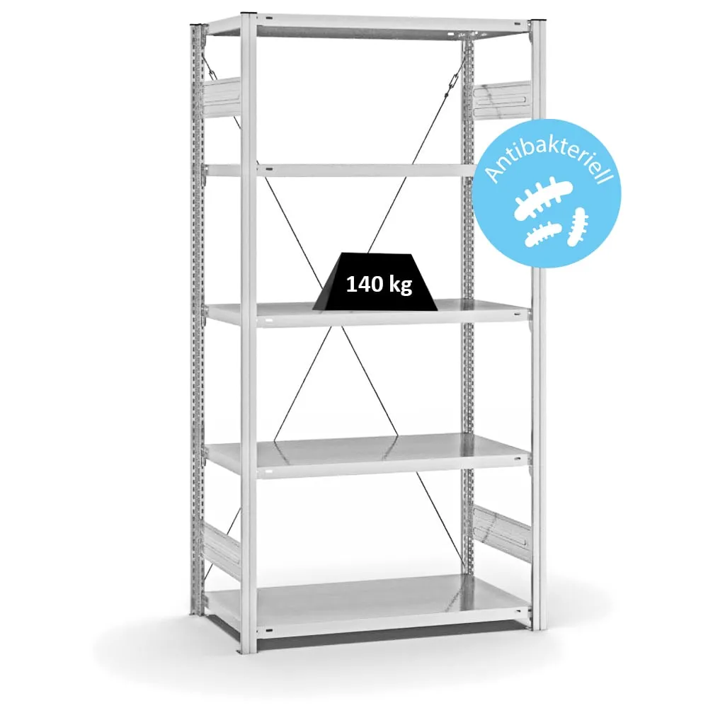 Antibakterielles Fachbodenregal Stecksystem T-Profil | Grundregal | HxBxT 200x100x50cm | 5 Ebenen | Traglast 140kg | Antibakterielle Beschichtung | Weiß