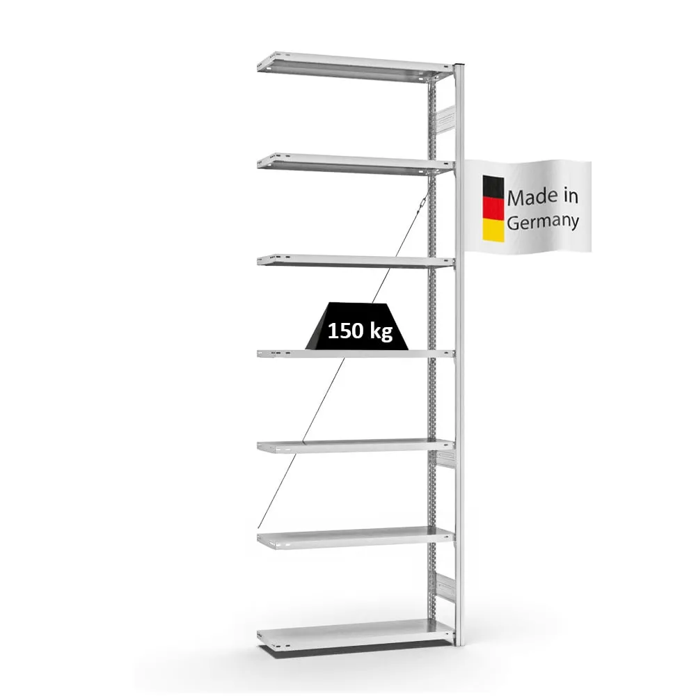 Fachbodenregal Stecksystem T-Profil | Anbauregal | HxBxT 300x100x30cm | 7 Ebenen | Fachlast 150 kg | Einseitig nutzbar | Lichtgrau
