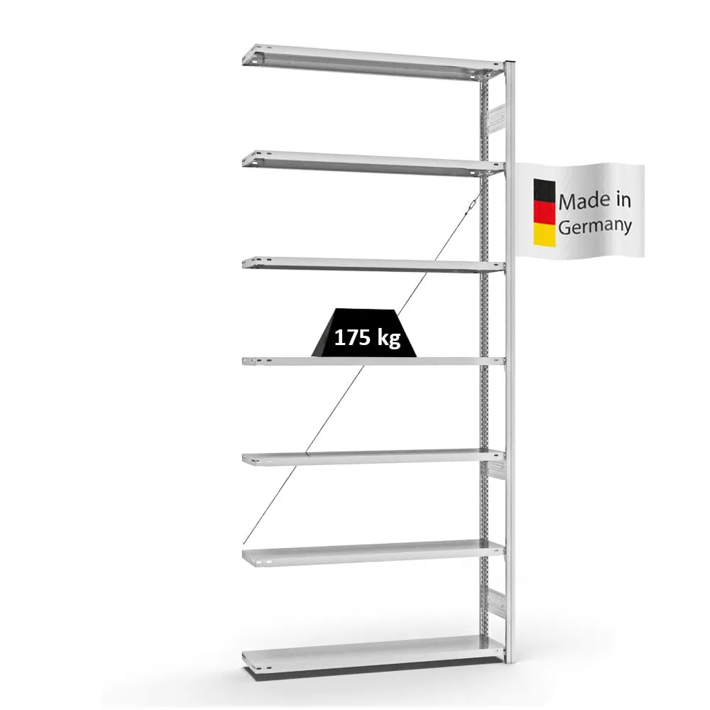 Fachbodenregal Stecksystem T-Profil | Anbauregal | HxBxT 300x130x30cm | 7 Ebenen | Fachlast 175 kg | Einseitig nutzbar | Lichtgrau