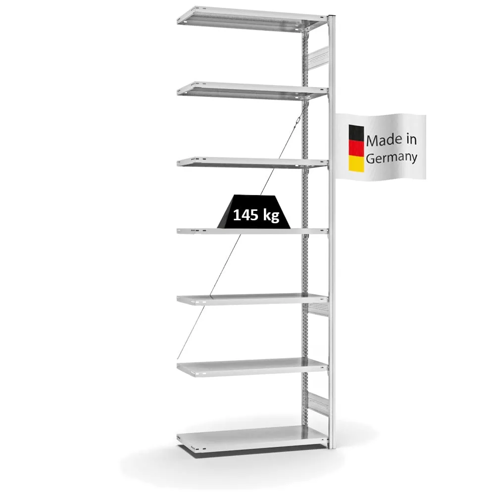 Fachbodenregal Stecksystem T-Profil | Anbauregal | HxBxT 300x100x40cm | 7 Ebenen | Fachlast 145 kg | Einseitig nutzbar | Lichtgrau
