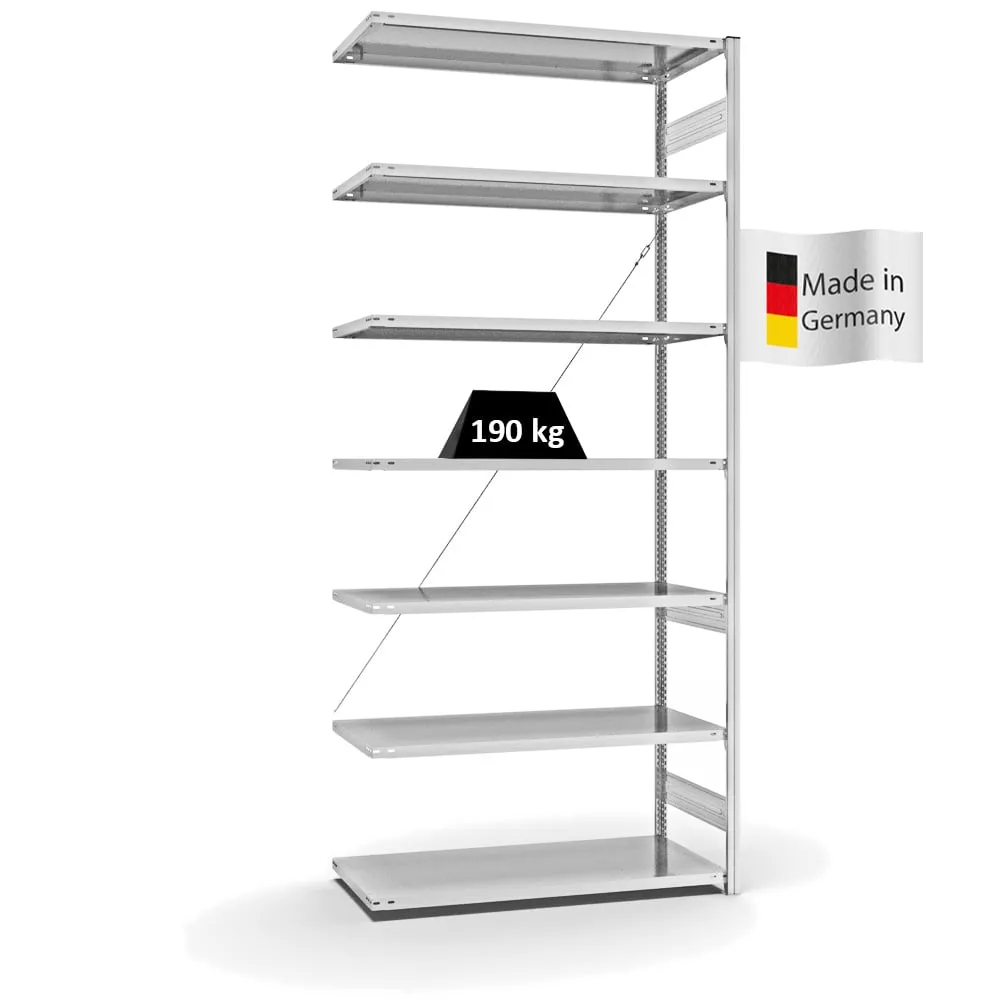 Fachbodenregal Stecksystem T-Profil | Anbauregal | HxBxT 300x130x60cm | 7 Ebenen | Fachlast 190 kg | Einseitig nutzbar | Lichtgrau