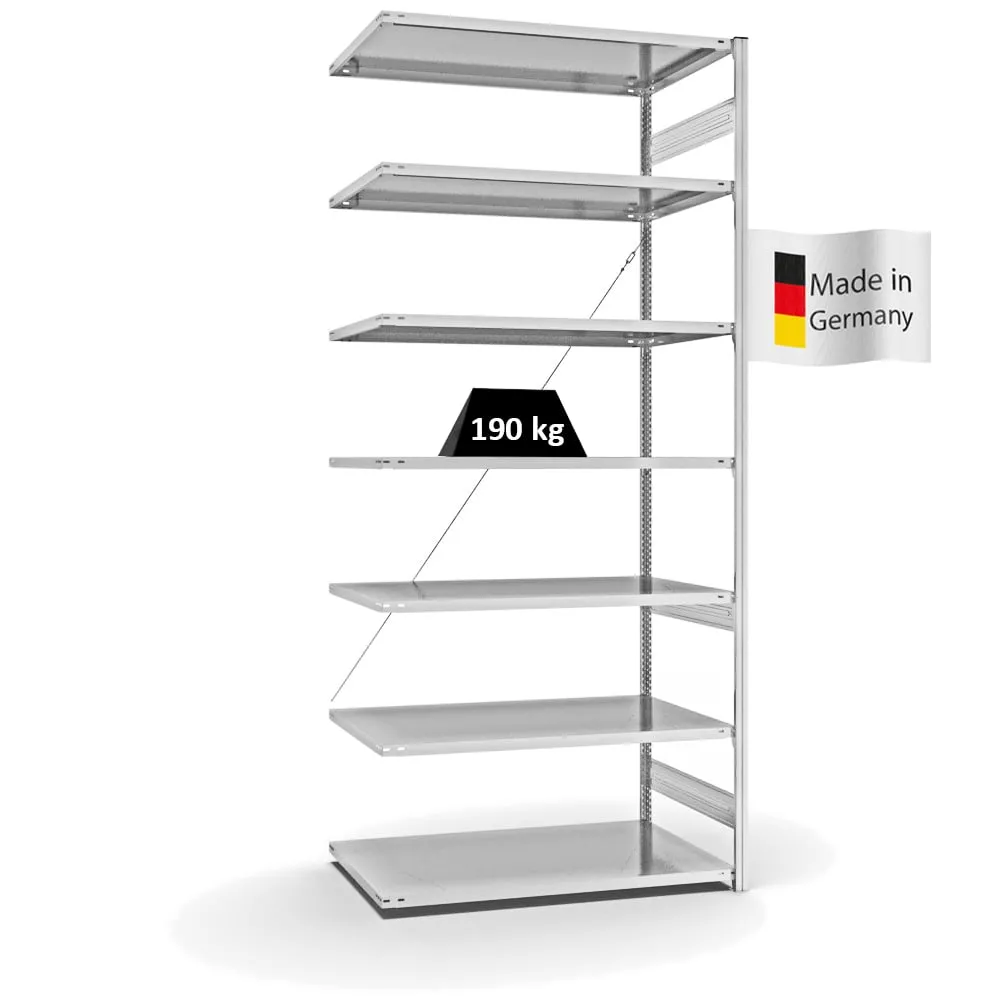 Fachbodenregal Stecksystem T-Profil | Anbauregal | HxBxT 300x130x80cm | 7 Ebenen | Fachlast 190 kg | Einseitig nutzbar | Lichtgrau