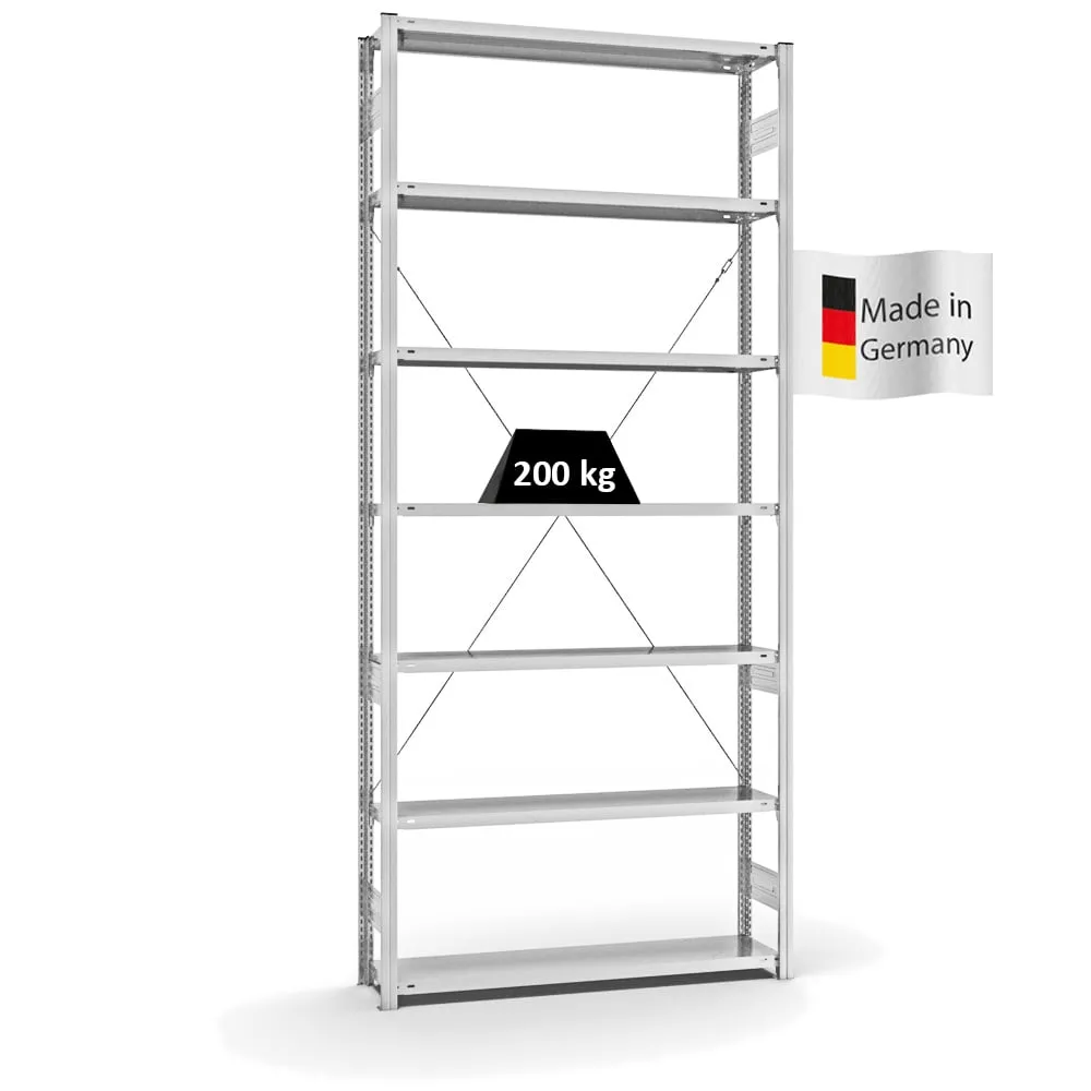 Fachbodenregal Stecksystem T-Profil | Grundregal | HxBxT 300x130x30cm | 7 Ebenen | Fachlast 200 kg | Einseitig nutzbar | Lichtgrau