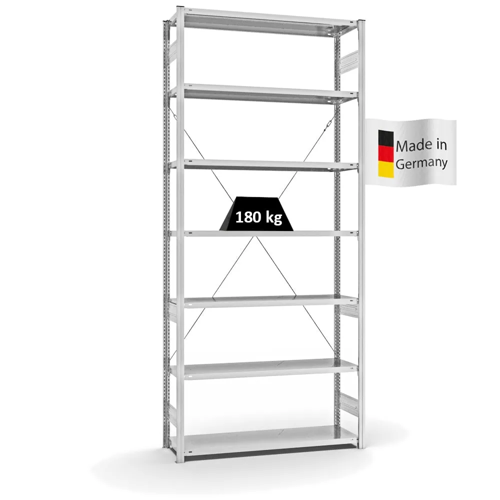 Fachbodenregal Stecksystem T-Profil | Grundregal | HxBxT 300x130x40cm | 7 Ebenen | Fachlast 180 kg | Einseitig nutzbar | Lichtgrau