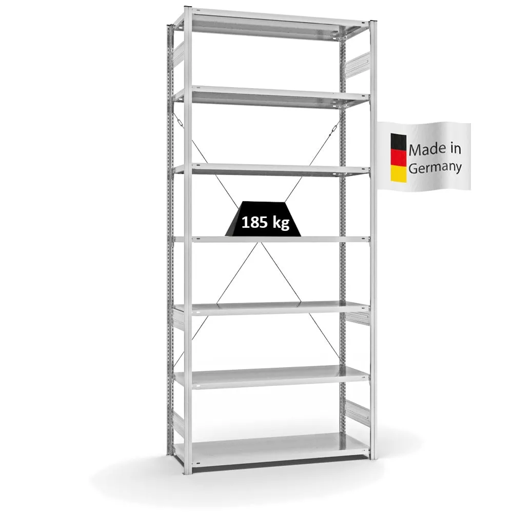 Fachbodenregal Stecksystem T-Profil | Grundregal | HxBxT 300x130x50cm | 7 Ebenen | Fachlast 185 kg | Einseitig nutzbar | Lichtgrau