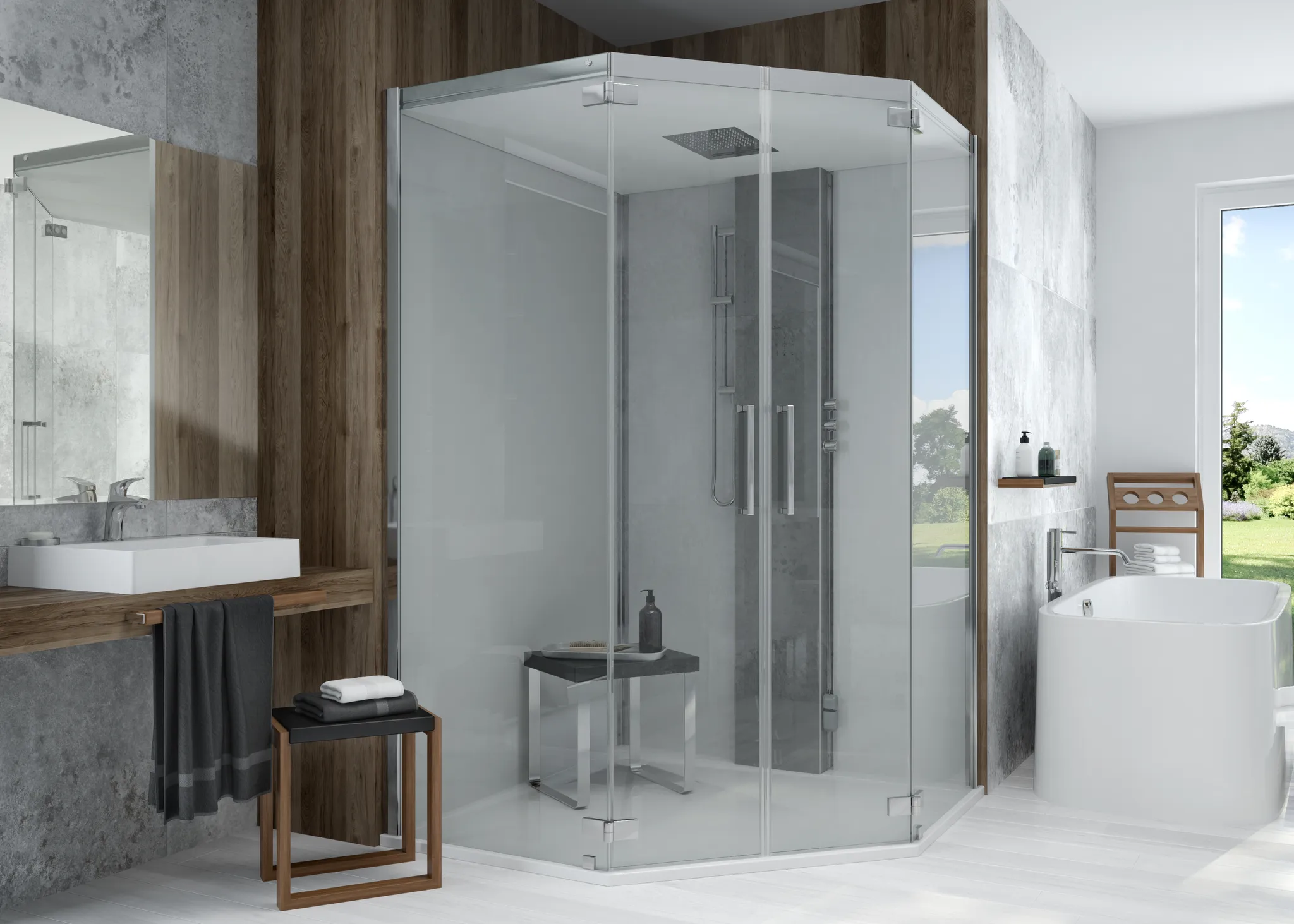 Dampfkabine SensePerience 5-Eck 1400 bodenbündig, Wände Weiß