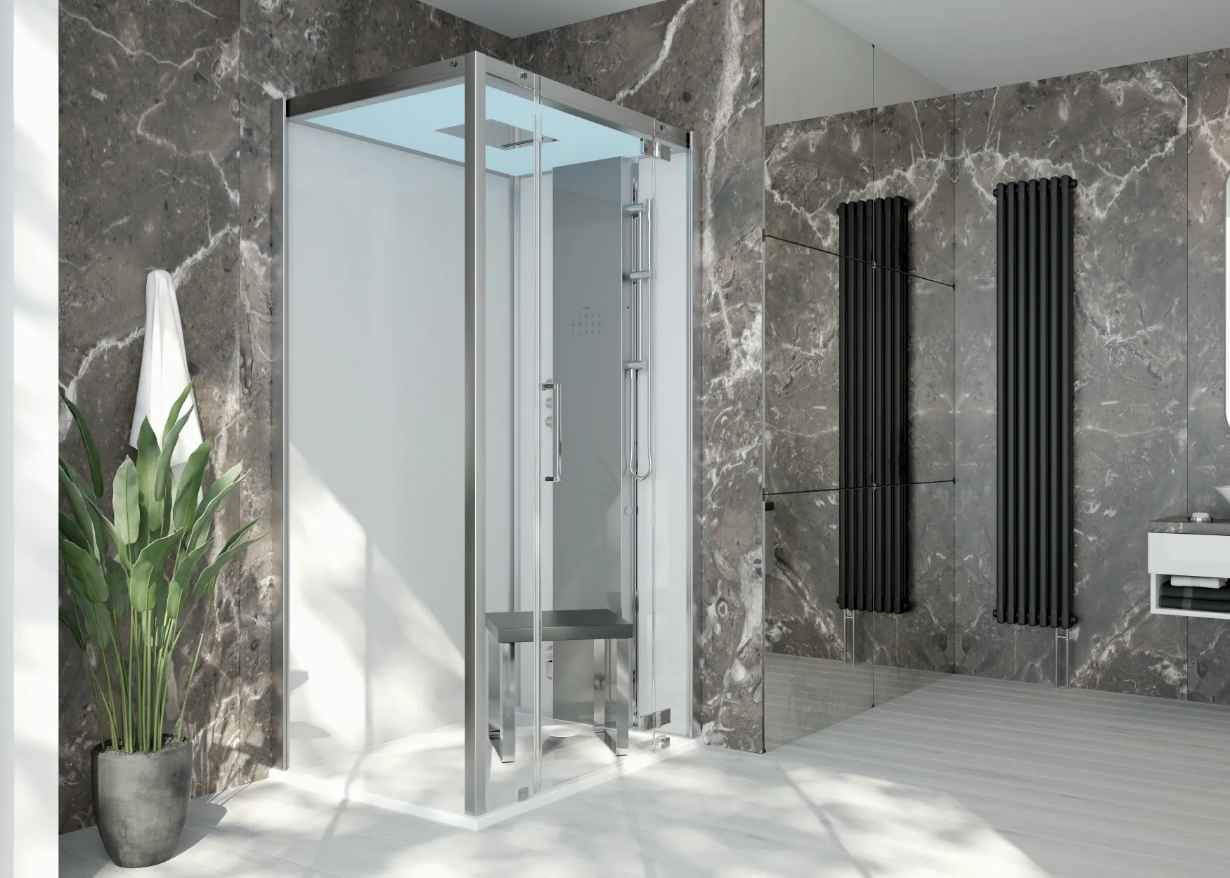 Dampfkabine SensePerience 1200x900 re. Nische DW Solique Weiß ohne Antir., Wände Weiß