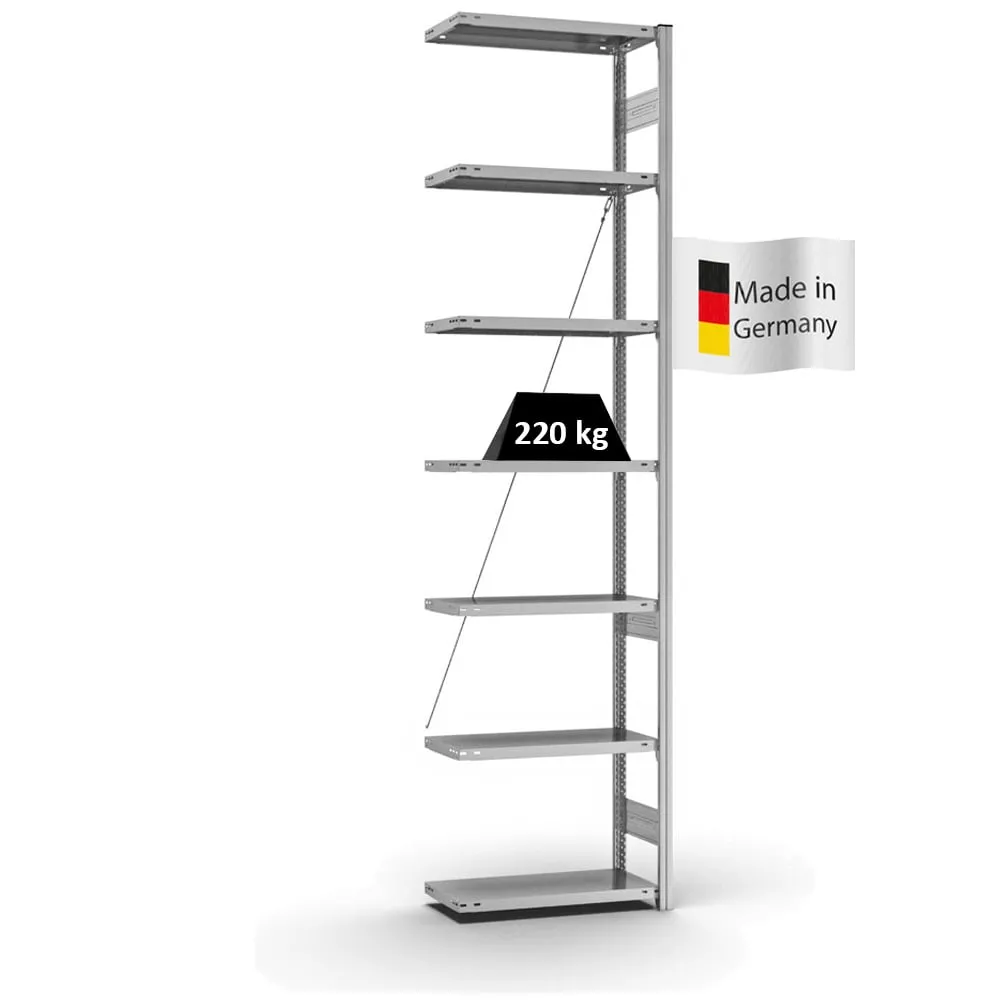 Fachbodenregal Stecksystem T-Profil | Anbauregal | HxBxT 300x75x30cm | 7 Ebenen | Fachlast 220 kg | Einseitig nutzbar | Verzinkt