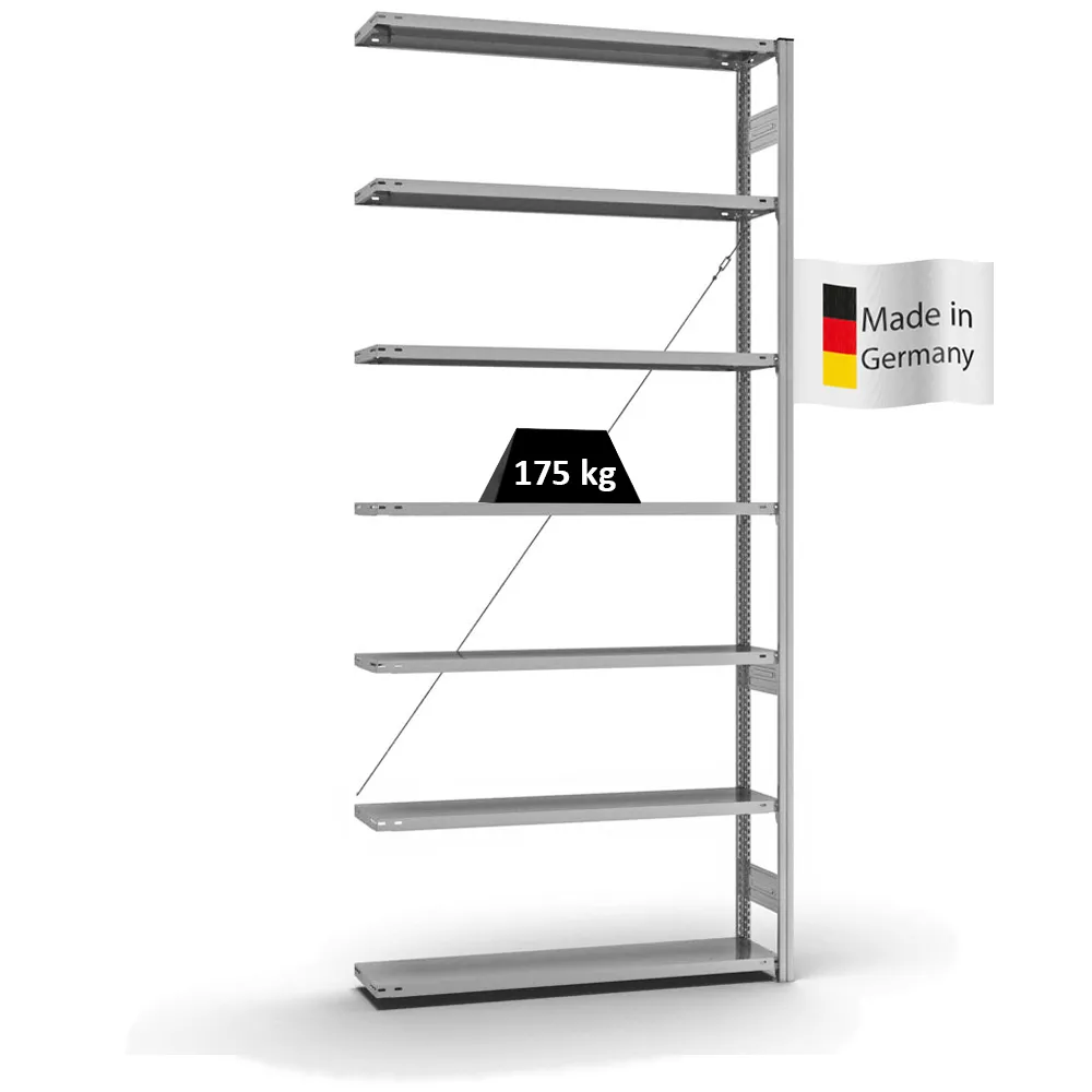 Fachbodenregal Stecksystem T-Profil | Anbauregal | HxBxT 300x130x30cm | 7 Ebenen | Fachlast 175 kg | Einseitig nutzbar | Verzinkt