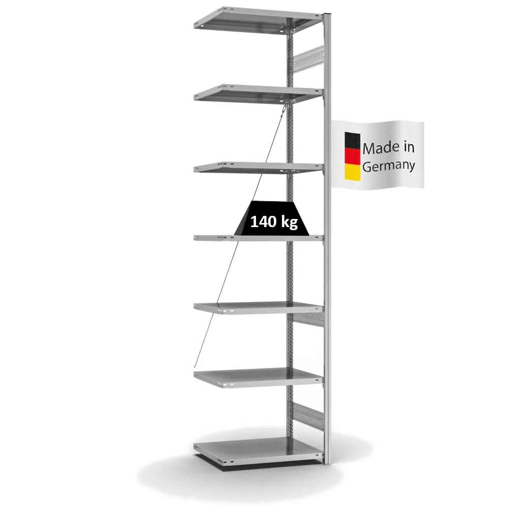 Fachbodenregal Stecksystem T-Profil | Anbauregal | HxBxT 300x75x50cm | 7 Ebenen | Fachlast 140 kg | Einseitig nutzbar | Verzinkt