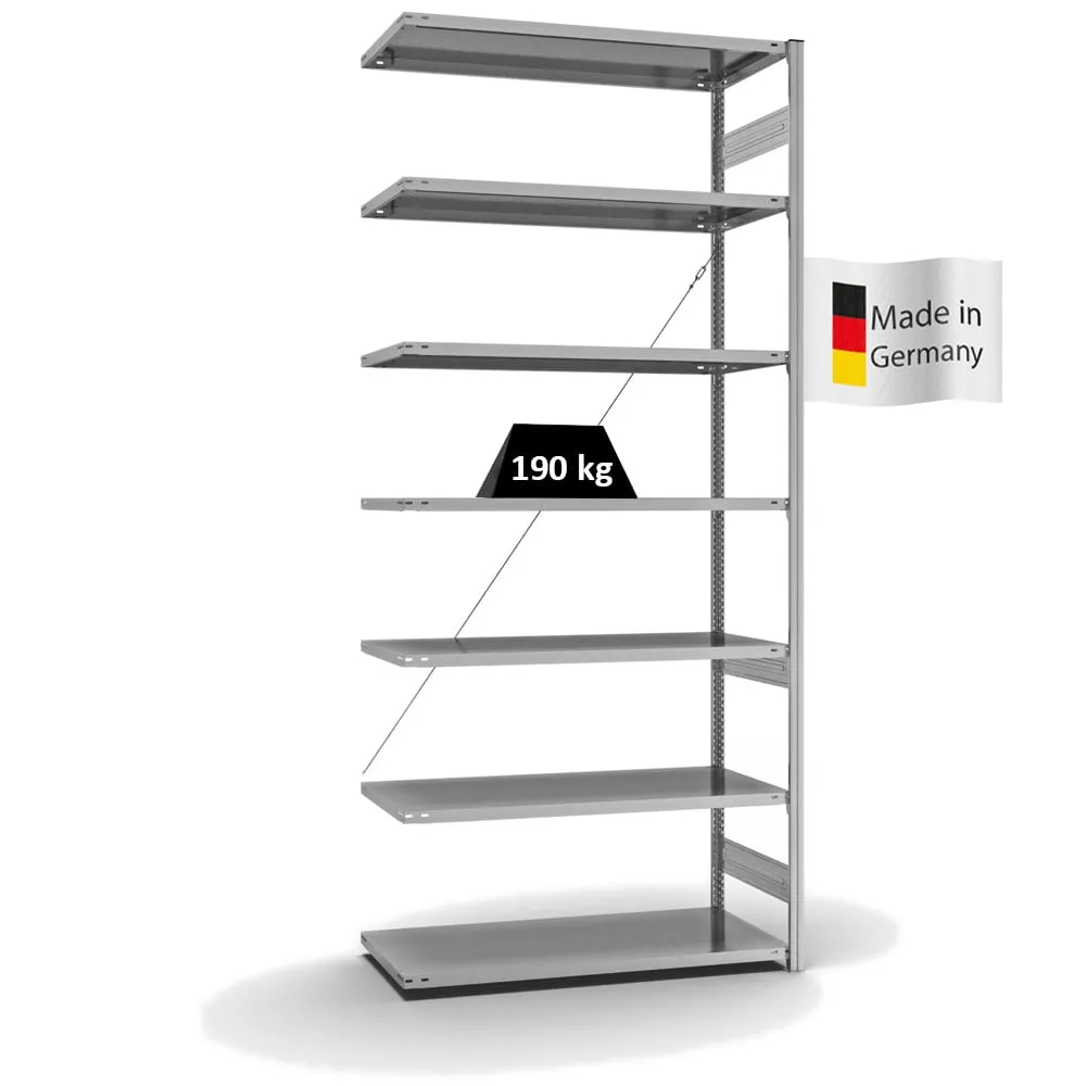 Fachbodenregal Stecksystem T-Profil | Anbauregal | HxBxT 300x130x60cm | 7 Ebenen | Fachlast 190 kg | Einseitig nutzbar | Verzinkt