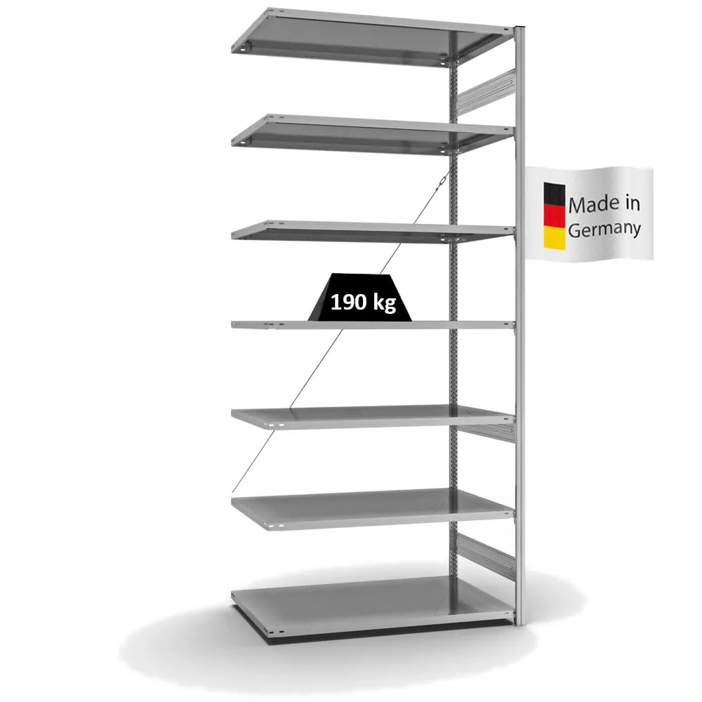 Fachbodenregal Stecksystem T-Profil | Anbauregal | HxBxT 300x130x80cm | 7 Ebenen | Fachlast 190 kg | Einseitig nutzbar | Verzinkt
