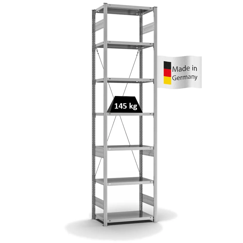 Fachbodenregal Stecksystem T-Profil | Grundregal | HxBxT 300x75x40cm | 7 Ebenen | Fachlast 145 kg | Einseitig nutzbar | Verzinkt