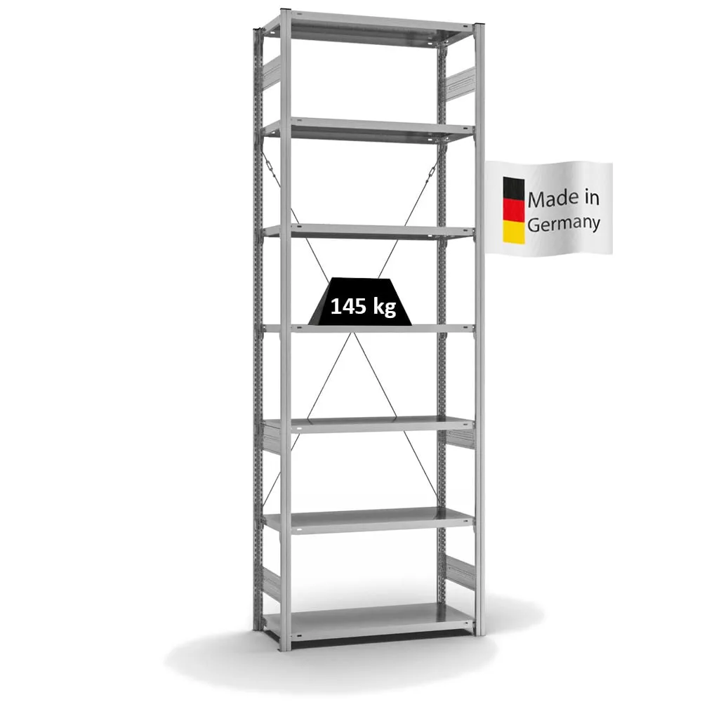 Fachbodenregal Stecksystem T-Profil | Grundregal | HxBxT 300x100x40cm | 7 Ebenen | Fachlast 145 kg | Einseitig nutzbar | Verzinkt