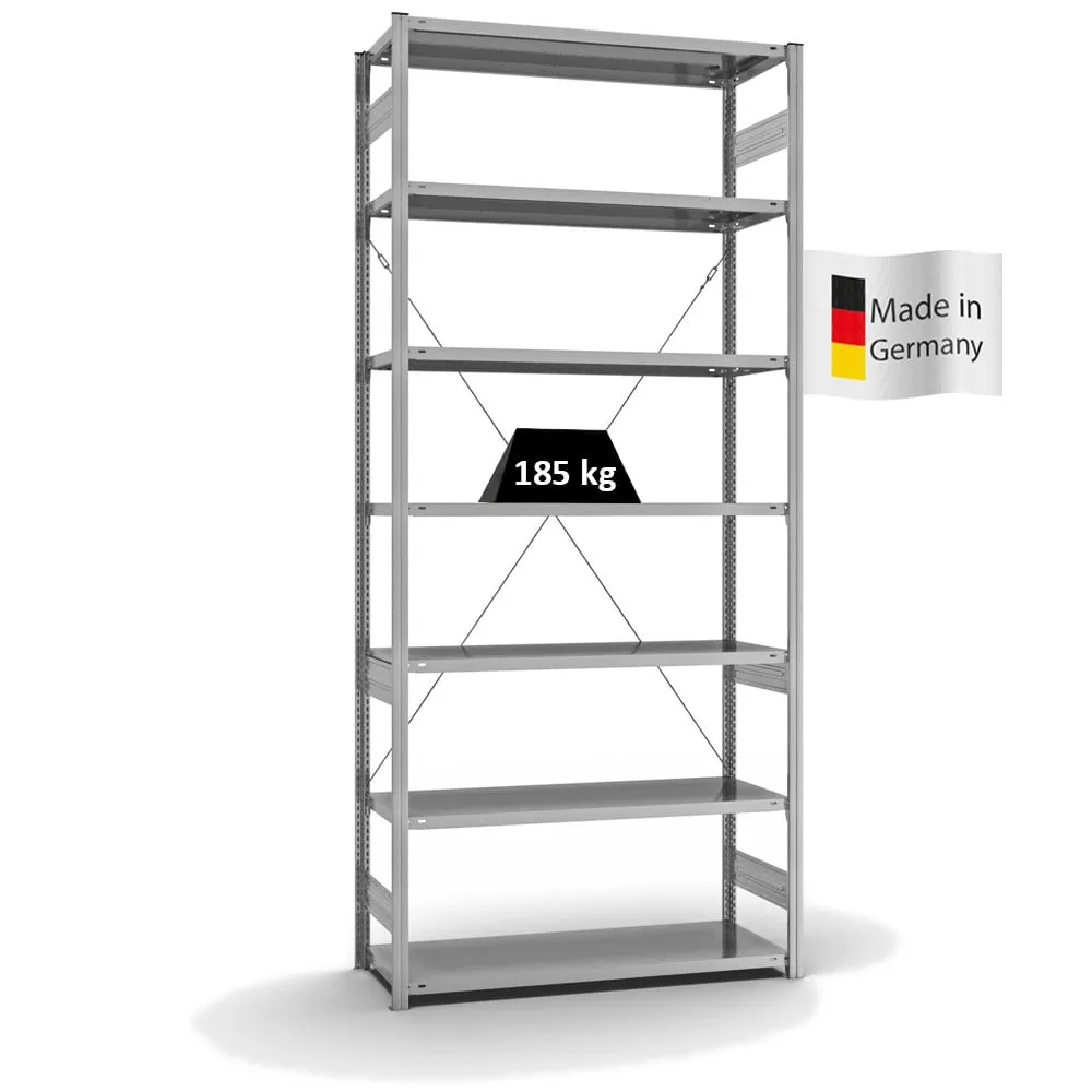 Fachbodenregal Stecksystem T-Profil | Grundregal | HxBxT 300x130x50cm | 7 Ebenen | Fachlast 185 kg | Einseitig nutzbar | Verzinkt