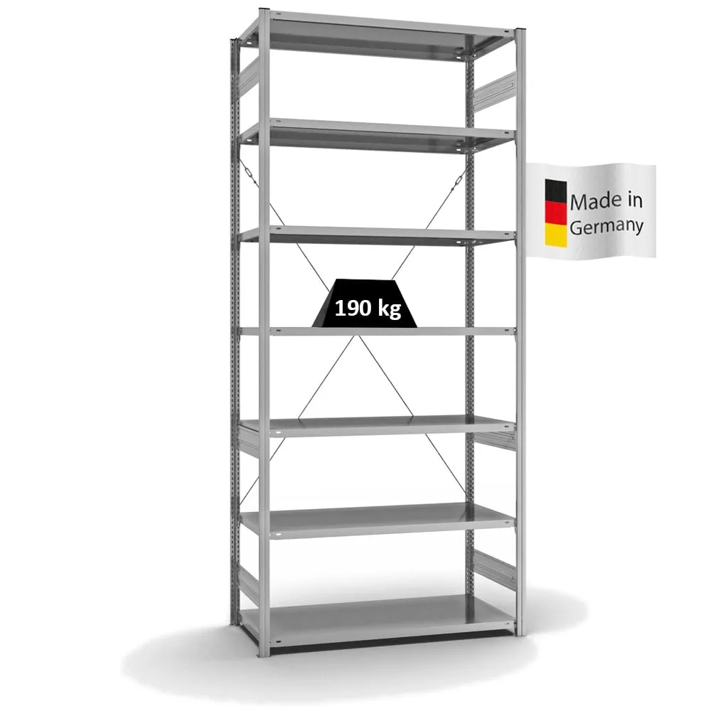 Fachbodenregal Stecksystem T-Profil | Grundregal | HxBxT 300x130x60cm | 7 Ebenen | Fachlast 190 kg | Einseitig nutzbar | Verzinkt