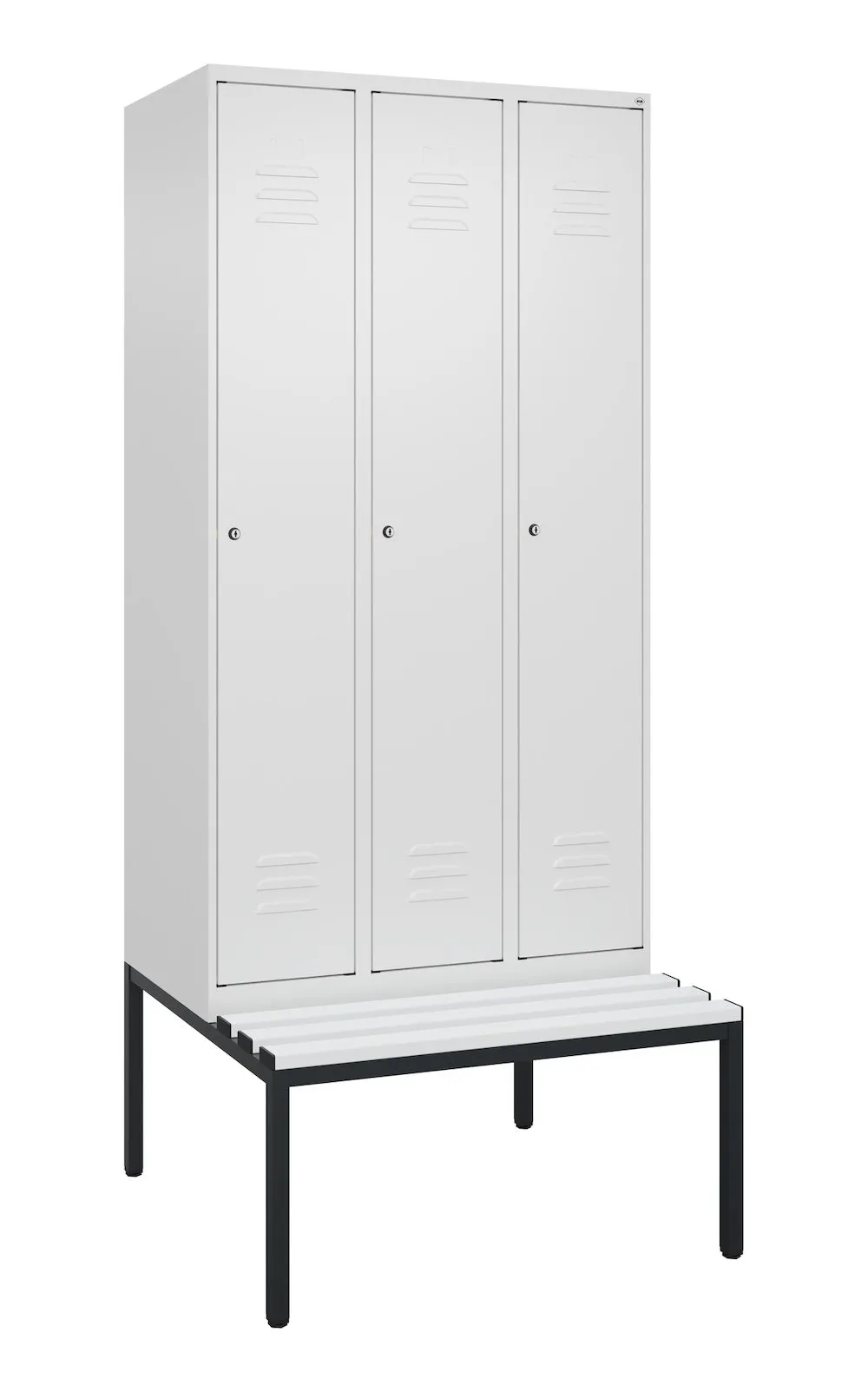 C+P Spind Classic PLUS mit untergebauter Sitzbank aus Kunststoff | 3 Abteile | HxBxT 212x90x81,5cm | Zylinderschloss | Stahl | Verkehrsweiß/Verkehrsweiß
