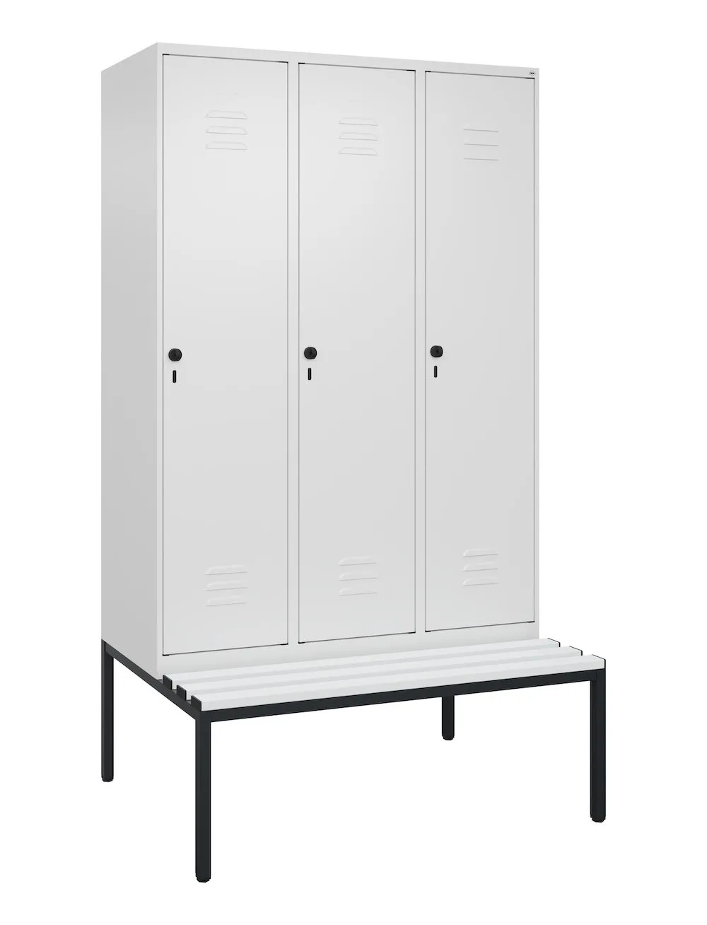 C+P Spind Classic PLUS mit untergebauter Sitzbank aus Kunststoff | 3 Abteile | HxBxT 212x120x81,5cm | Sicherheits-Drehriegel | Stahl | Verkehrsweiß/Verkehrsweiß
